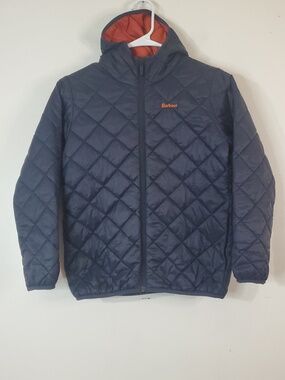 Barbour Fromar Quilted Boys Jacket Size 8/9 Blue Orange Hooded Preppy Lightweigh